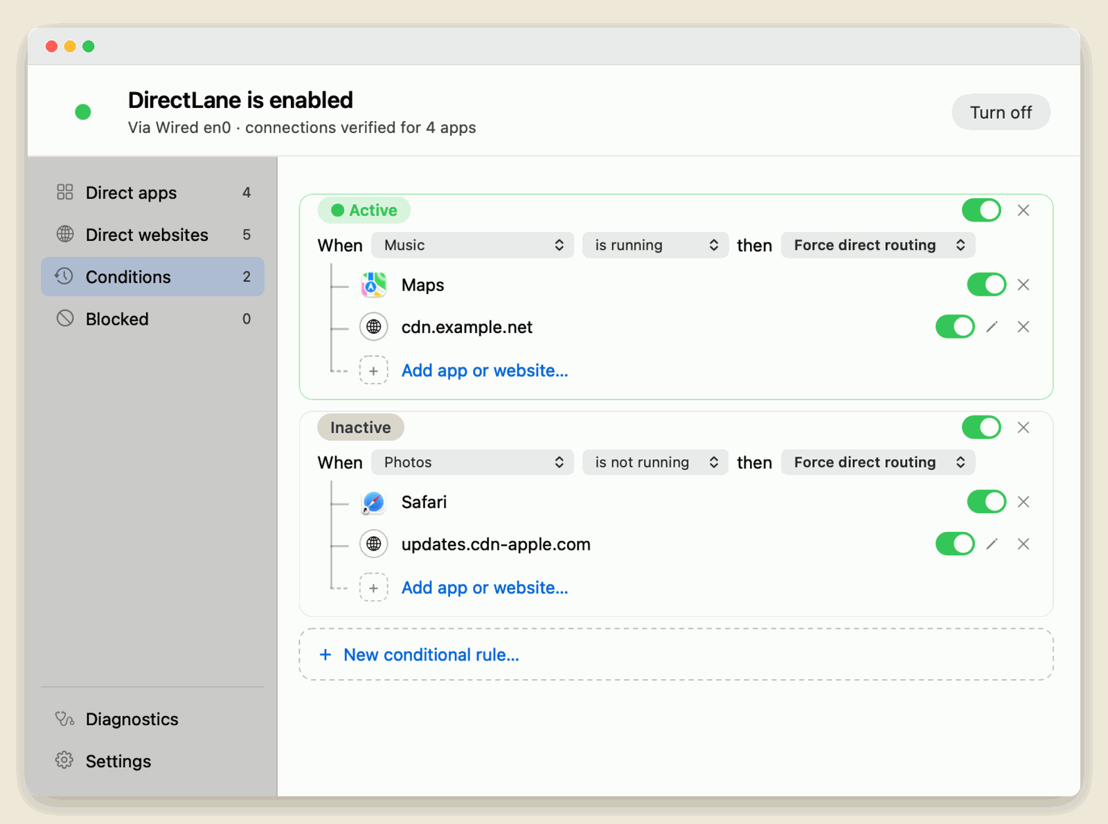 Conditions: while Music is running, the listed apps and sites go direct