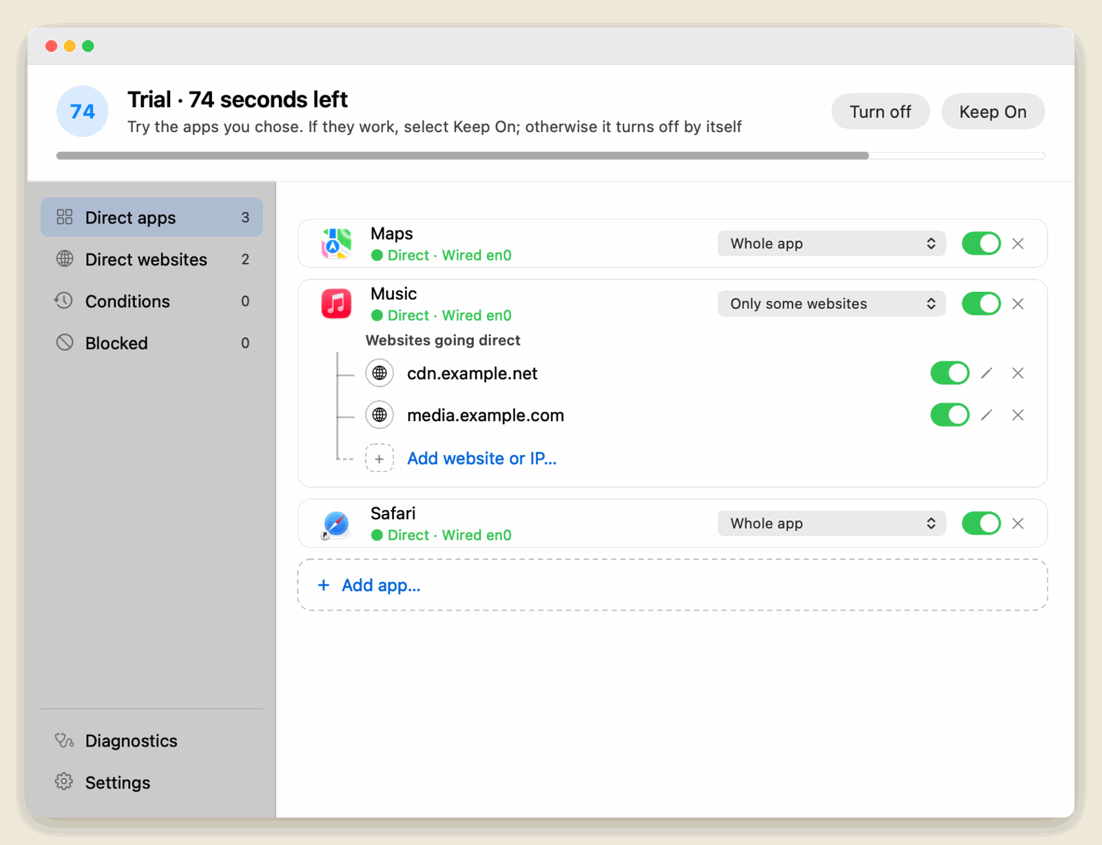 Trial in progress with a countdown and a Keep on button